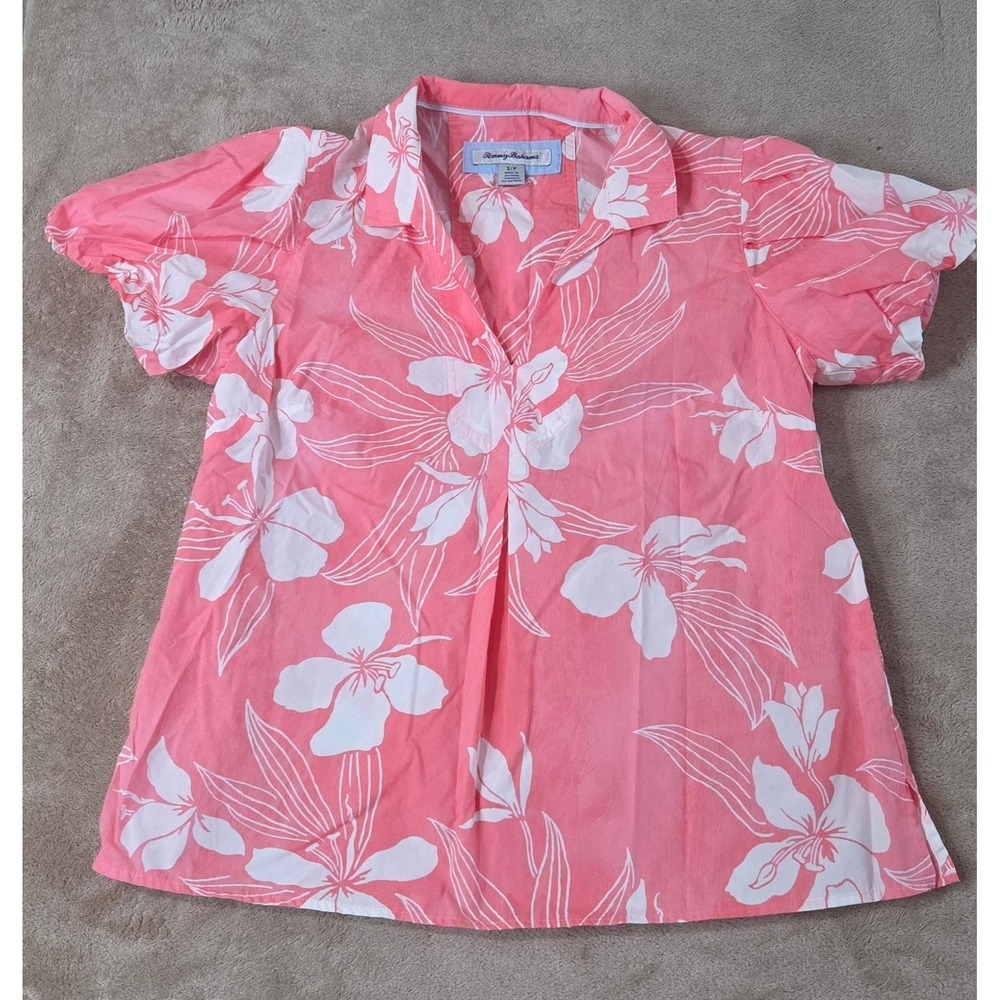 Tommy Bahama Floral Top Women Size Small Color Pink Puff Sleeve Button Front EUC